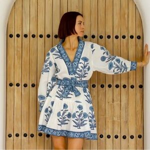 European linen Hand Printed Mykonos Mini blue & white embroidered floral dress